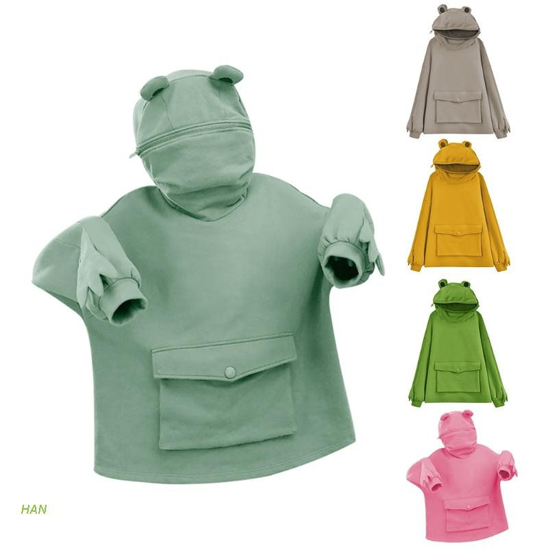 Áo Hoodie Tay Dài Dáng Rộng Có Khóa Kéo In Hình Chú Ếch Dễ Thương Phong Cách Harajuku Cho Nữ
