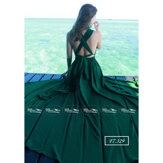 Đầm maxi xanh lá hở lưng dây chéo xẻ tà đùi váy đi biển đẹp F7.329 Maxi Yến