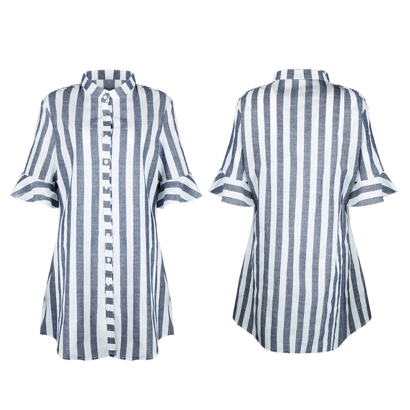 Áo Sơ Mi Tay Lửng Dáng Dài Họa Tiết Kẻ Sọc Thời Trang 2018 Cho Nữ