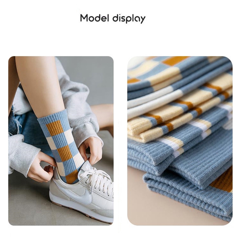 Vớ Cotton Cao Cổ Kẻ Sọc Vuông Xinh Xắn Cho Nữ