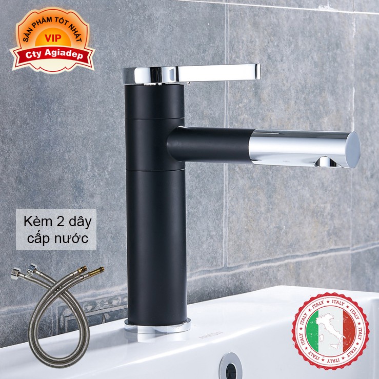 Vòi Lavabo nóng lạnh (Bóng kính, MÀU ĐEN, chân vừa) + 2 dây cấp - Siêu cấp ITALIA