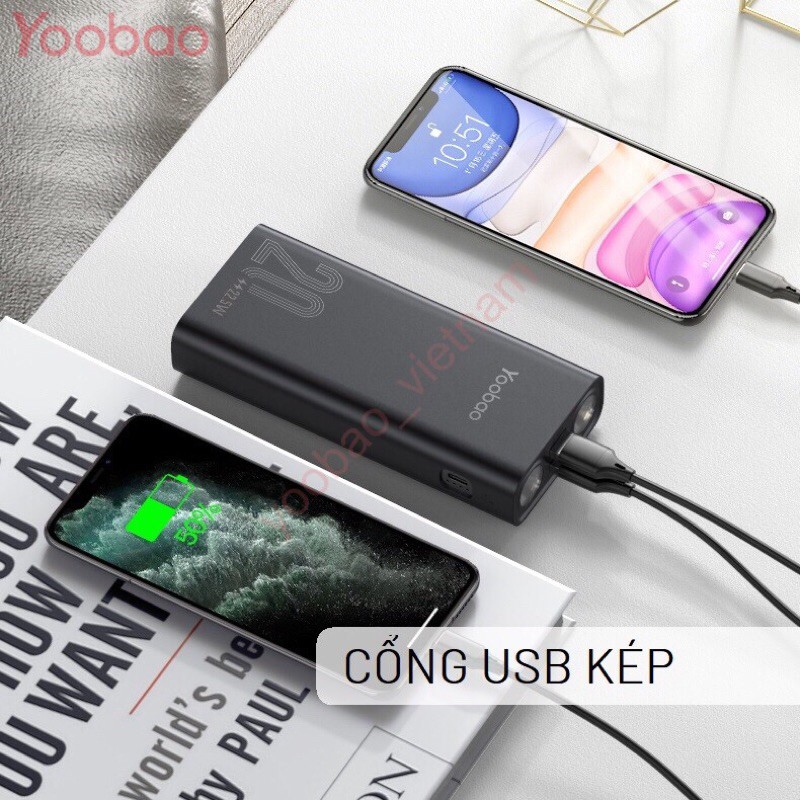 Pin Sạc Dự Phòng Yoobao L20 20000mAh Tích Hợp 2 Đèn LED Siêu Sáng Chính Hãng