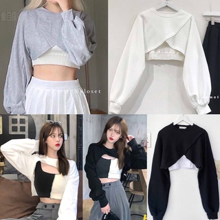 SQ011 Bộ ba món Áo quây ống và áo croptop crt dài tay trắng tay bo thêm quần Jogger ống rộng rút dây cute