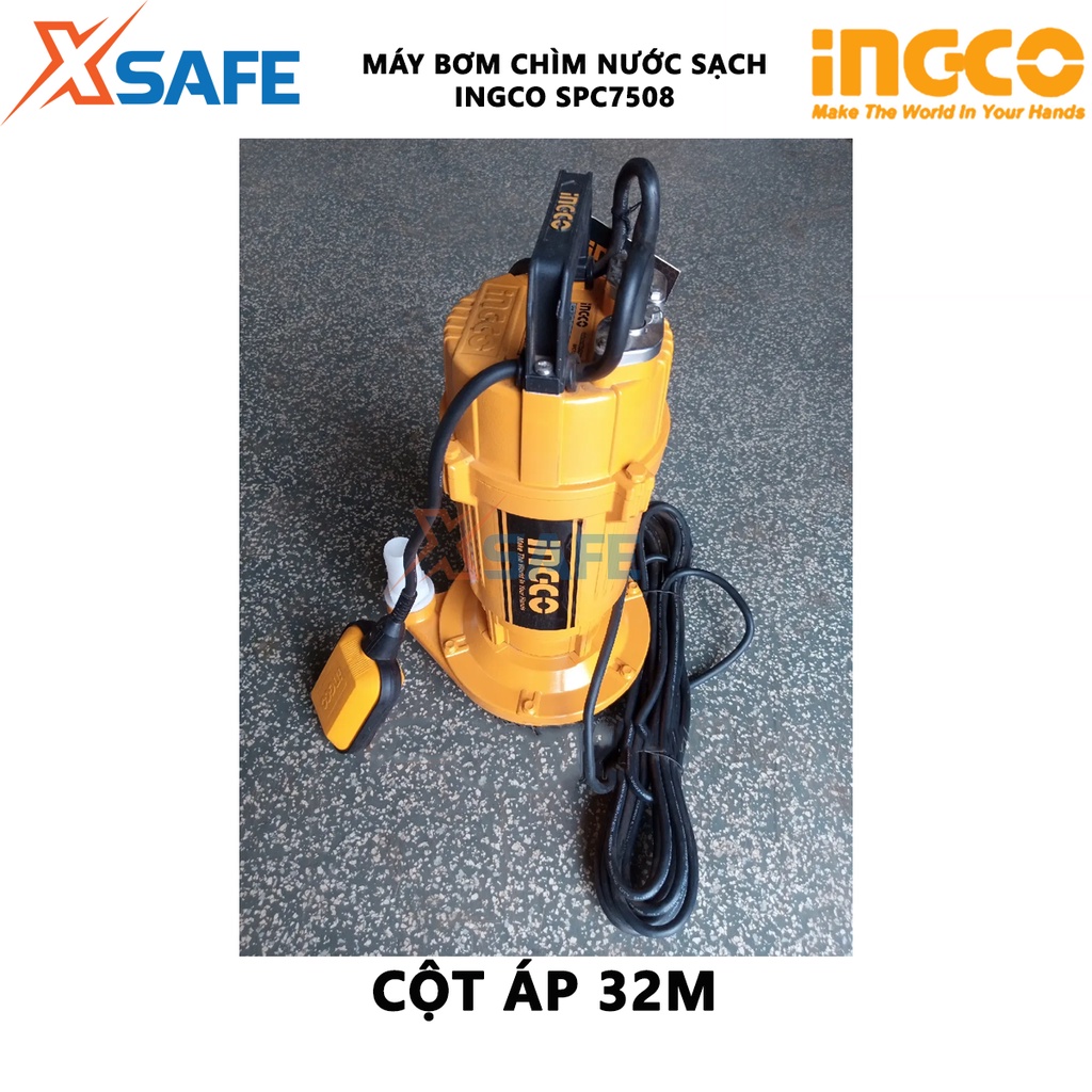 Máy bơm chìm INGCO SPC7508 Máy bơm chìm nước sạch điện áp 220-240V~50Hz, công suất đầu vào 750W(1.0HP), cột áp 32M