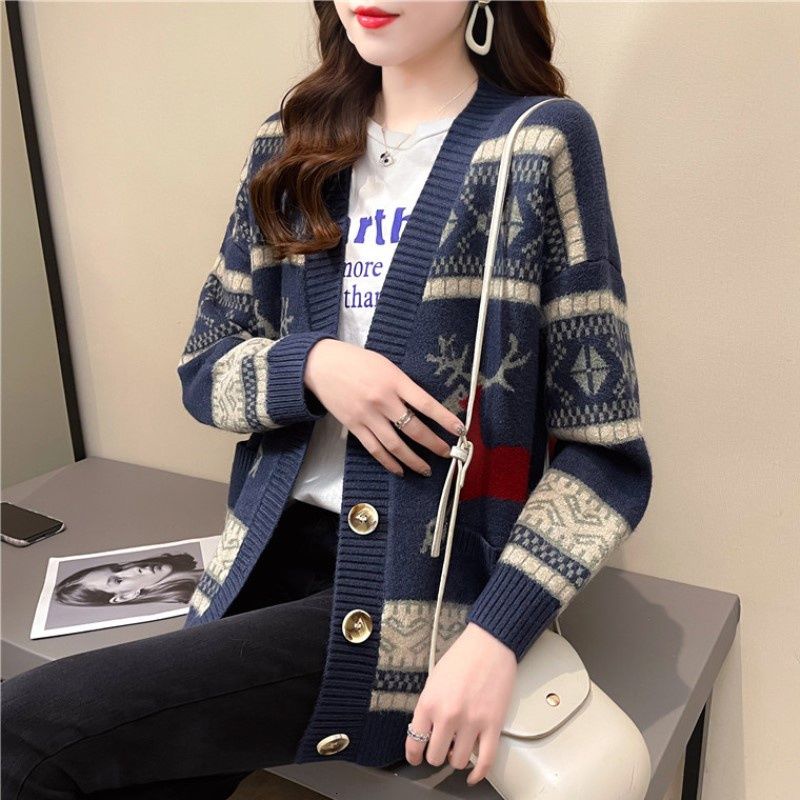 Áo Khoác Cardigan Dệt Kim Tay Dài Dáng Rộng Phong Cách Hàn Quốc