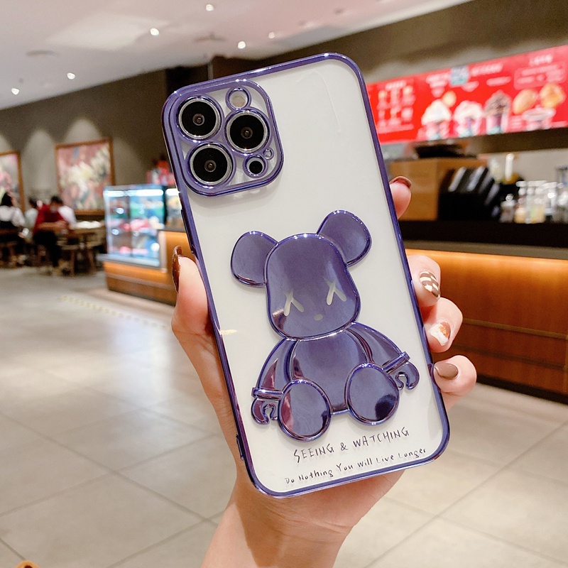 Ốp điện thoại trong suốt mạ viền in hình gấu 3D nổi cho iPhone 13  12  11 X XS 8 7 Plus PRO / MAX