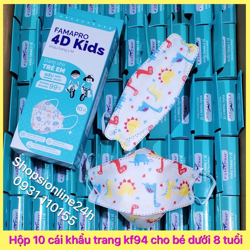 ✅ Hộp 10 cái khẩu trang 4D , kf94 cho bé Famapro Nam Anh hình khủng Long