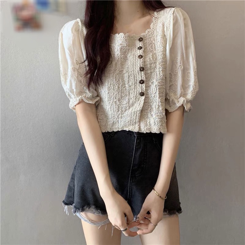 Áo Kiểu Cổ Vuông Tay Phồng Thêu Ren Phong Cách Pháp Ngọt Ngào Thời Trang Mùa Hè Cho Nữ