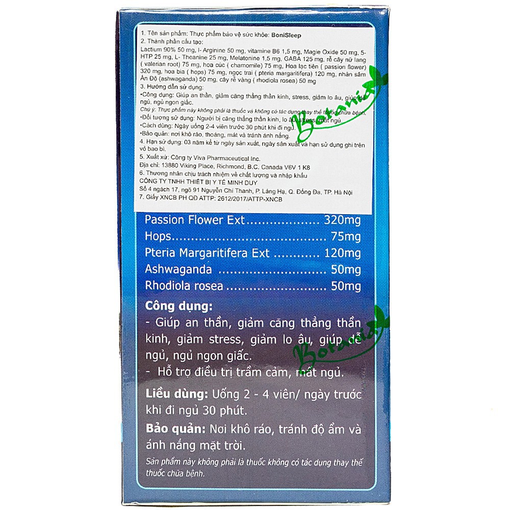 BoniSleep + hỗ trợ giảm căng thẳng thần kinh, giảm stress, giảm lo âu. Giúp an thần, dễ ngủ, ngủ ngon giấc (lọ 30 viên)
