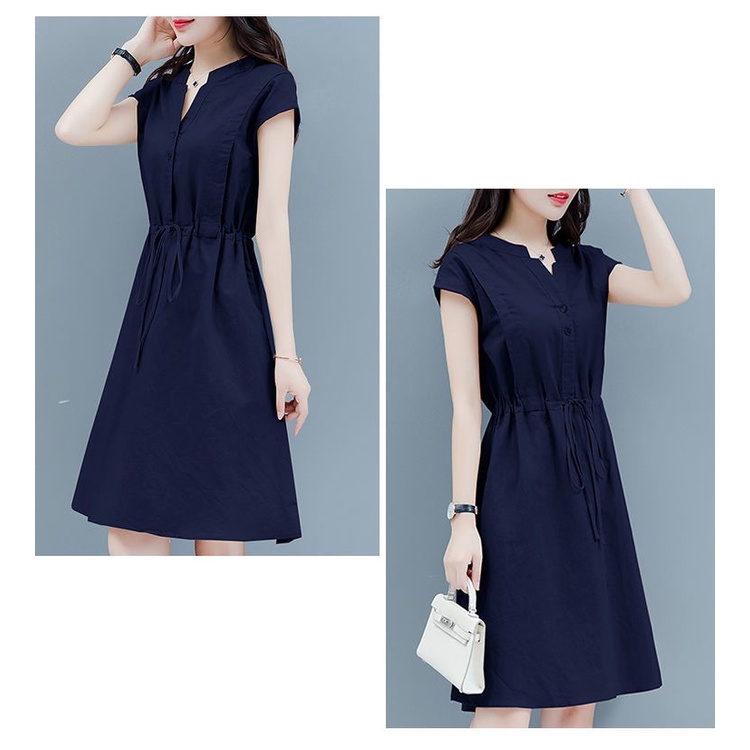 Đầm linen dáng suông rút eo cổ V phong cách công sở