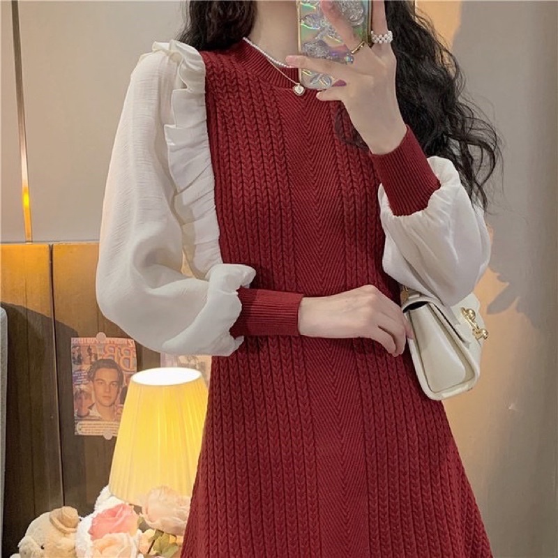 Váy len phối tay voan trắng ulzzang