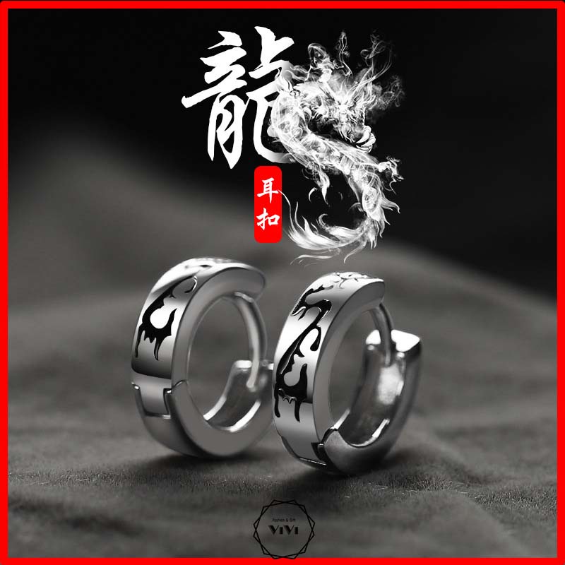 Bông tai bạc nam khóa tai hình rồng Dragon 10mm – khuyên tai bạc ViVi_Gift