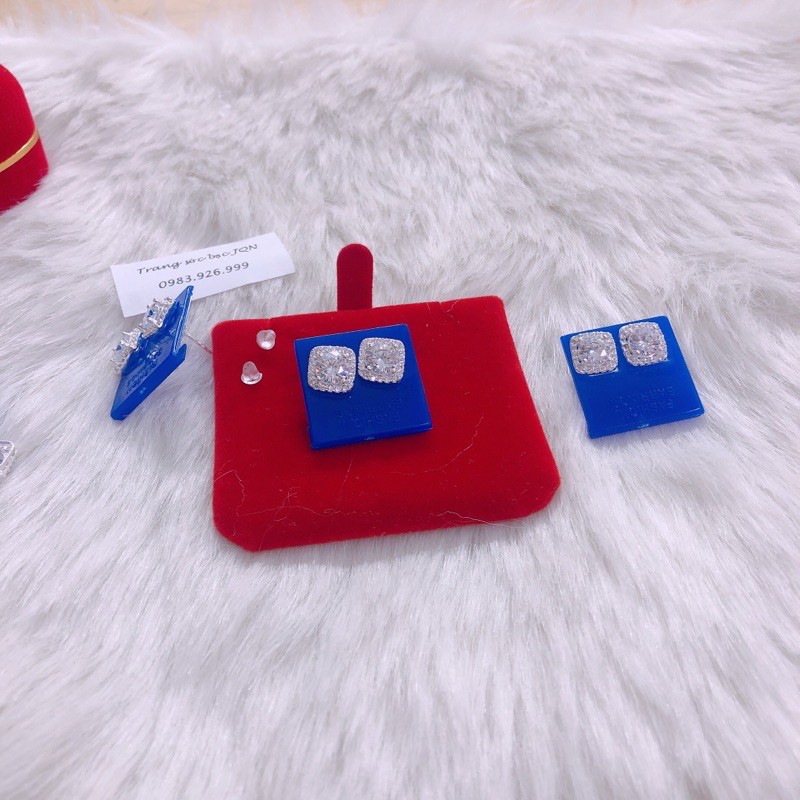 Bông tai nữ bạc thật đính đá vuông trẻ trung, lấp lánh/ Trang sức bạc JQN