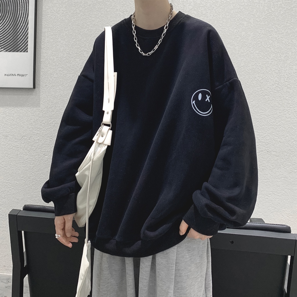 Áo sweater cổ tròn tay dài dáng rộng in hình mặt cười phong cách đường phố Hong Kong thời trang thu đông cho nam