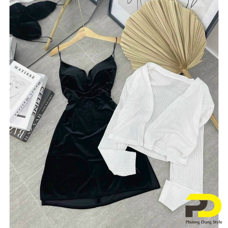Sét đầm 2 dây nhung đen kèm áo khoác croptop