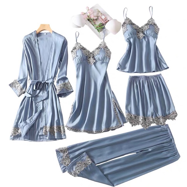 Q11.HCM [LL 562] Set váy ngủ satin lụa [ 5 sản phẩm] váy - khoác - quần ngắn và dài - đồ ngủ lụa satin