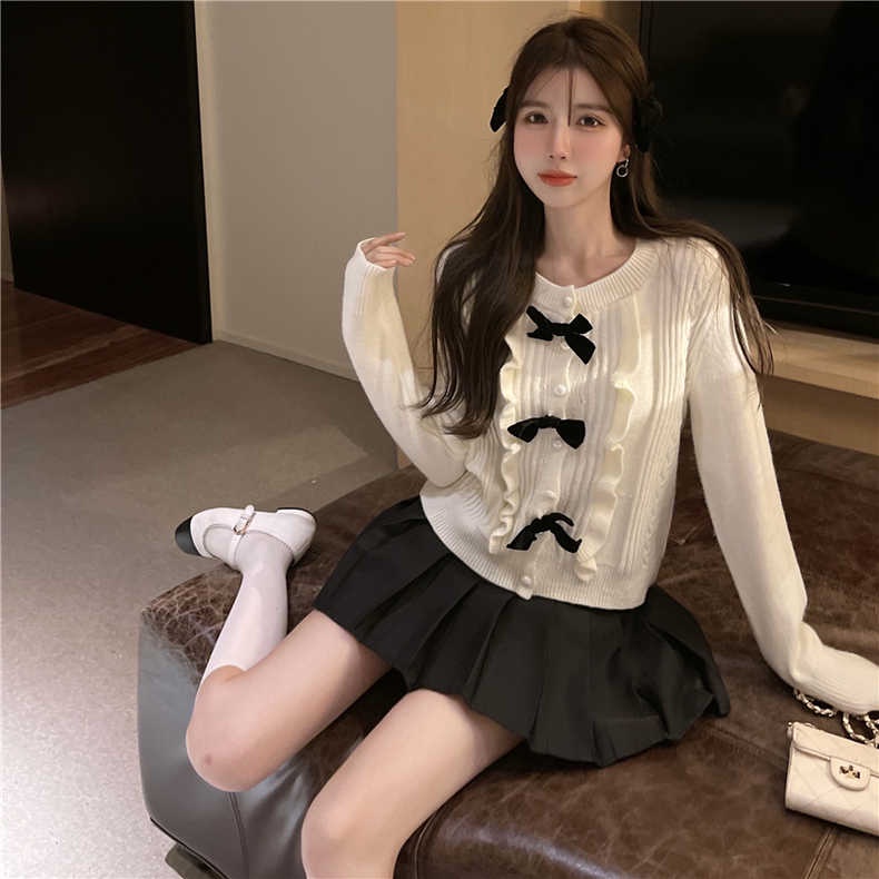 Áo sweater ZHELIHANGFEI dệt kim phối nơ màu đen phong cách phương tây dễ phối đồ dành cho nữ