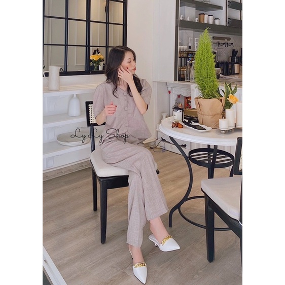 Set áo cổ chữ V + quần tây phong cách Hàn Quốc