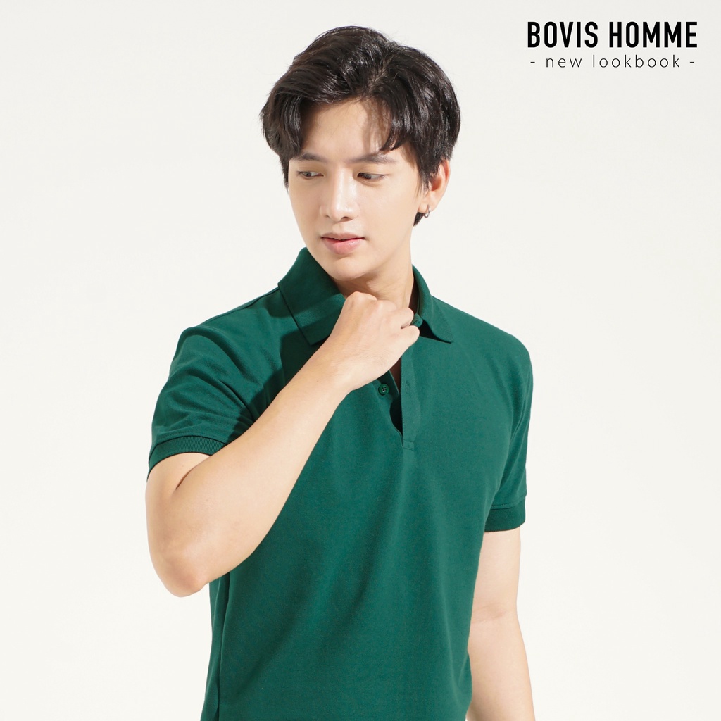 Áo Polo nam trơn Bovis Homme, Xanh lá, phom Slim-Fit vừa vặn giúp ôm dáng, chất cotton mềm mịn, thấm hút mồ hôi.