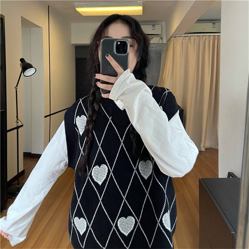 MỚI Áo sweater không tay cổ chữ v dáng rộng phong cách retro dành cho nữ