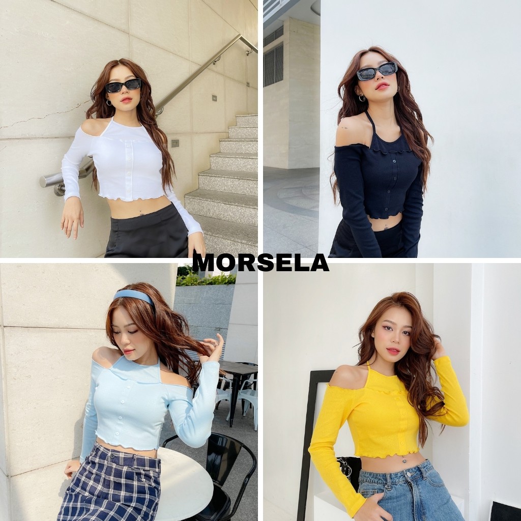 Áo thun croptop tay dài ôm body cột dây cổ yếm dáng trễ vai Sexy theo phong cách Hàn Quốc -Áo crop top nữ kiểu - Morsela | BigBuy360 - bigbuy360.vn