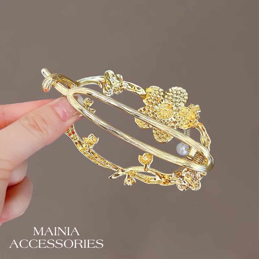 Kẹp Tóc Càng Cua Kim Loại Hàn Quốc (Hình Hoa Full Đá Dây Ngọc) Cho Bạn Gái Mẫu Mới Sang Chảnh Mainia Shop