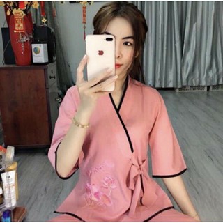 đồ lam đi chùa (xéo thêu chữ tâm)