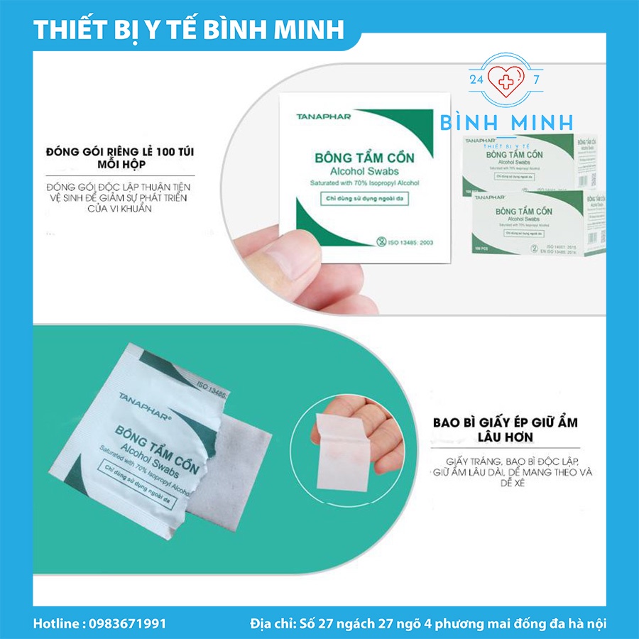 Hộp 100 Miếng Gạc Tẩm Cồn Sát Khuẩn, Bông Tẩm Cồn Y Tế Tiệt Trùng Sát Trùng, Cồn Khô Alcohol Pads TAN