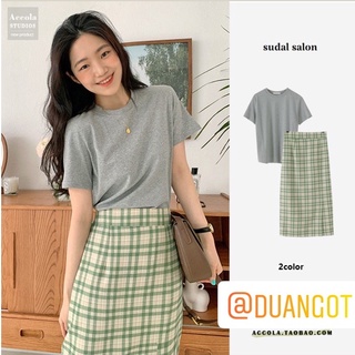 (ORDER) Chân váy MORAN kẻ sọc xanh dáng suông dài xẻ tà vintage Hàn Quốc công sở thanh lịch