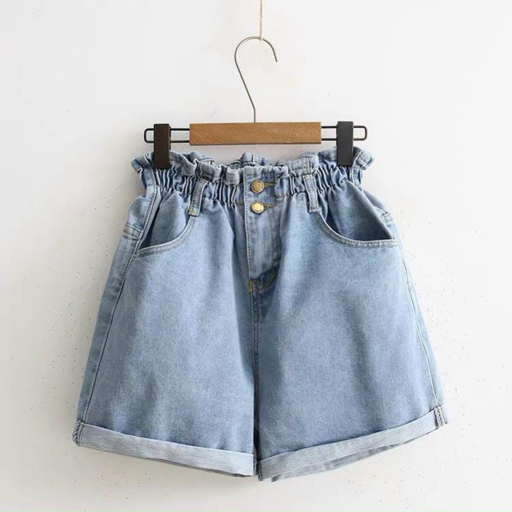 Quần Short Jean Lưng Thun, Quần Jean Đùi Nữ Ngắn Ống Rộng 2 Khuy Lưng Co Giãn Ulzzang, Labibi  ྇ ྇