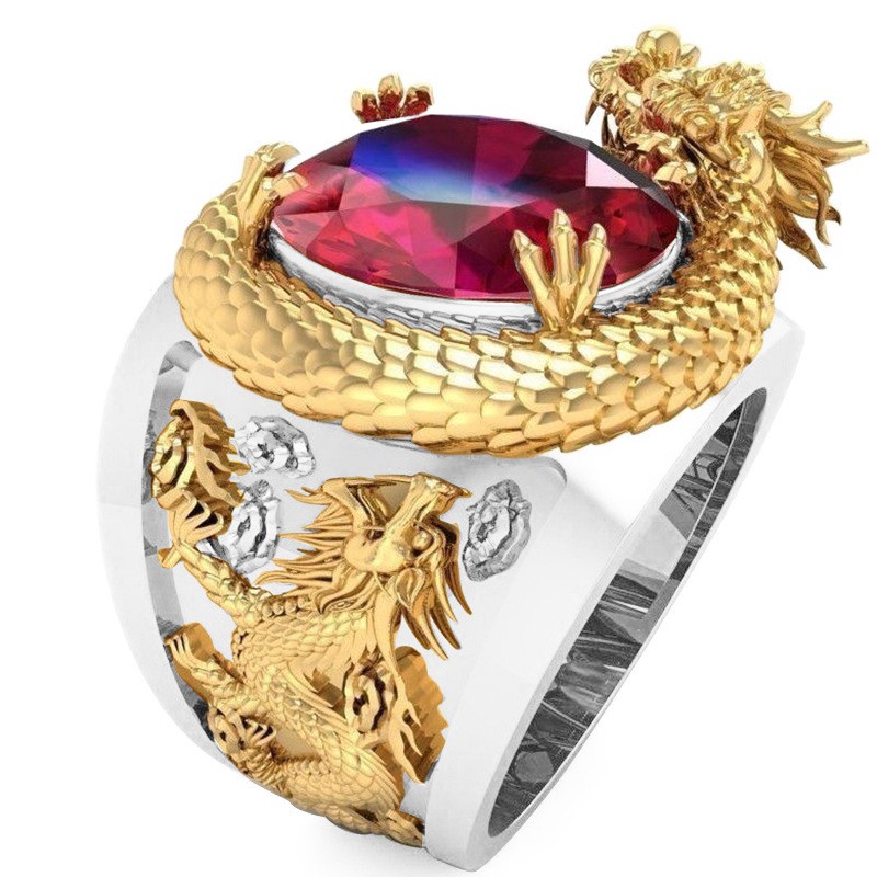 Nhẫn Thép Titan Mạ Vàng 24K Hình Rồng Đính Đá Ruby Sang Trọng