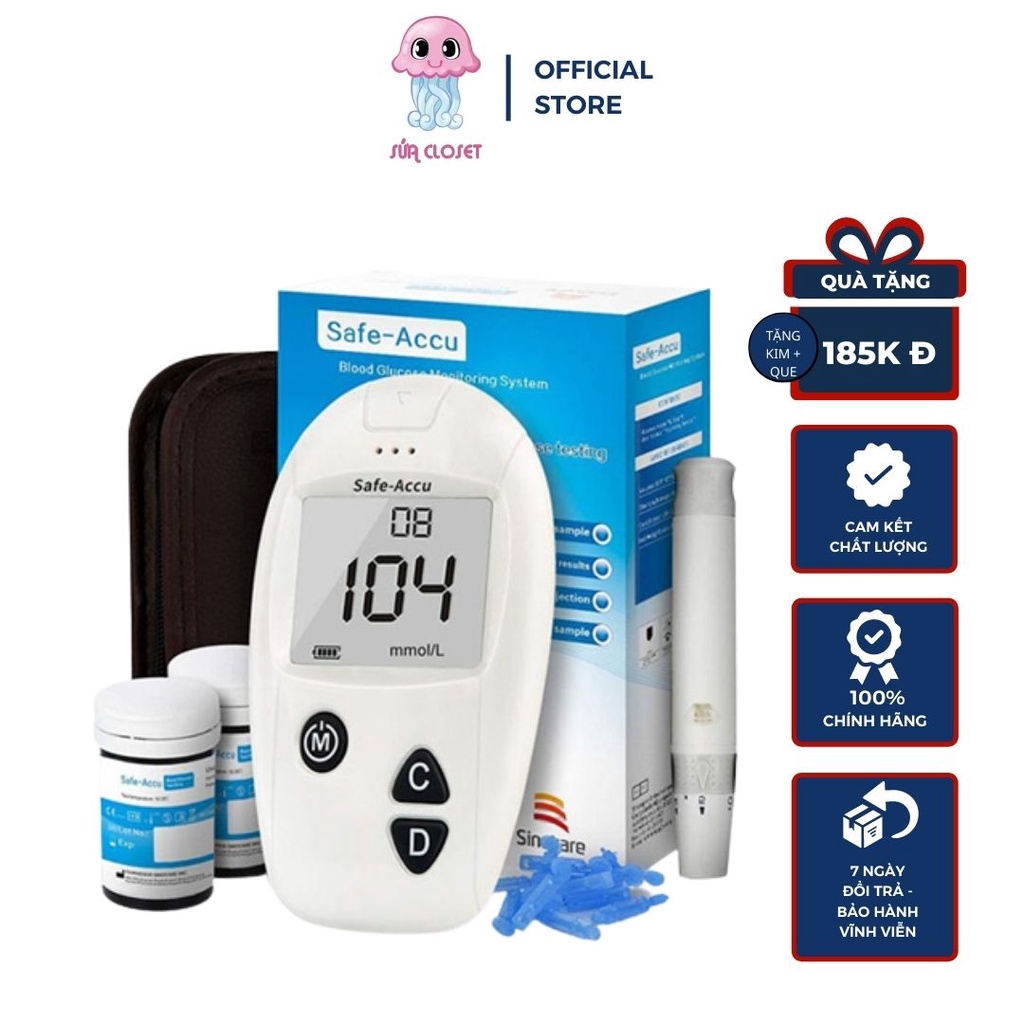 Máy đo đường huyết Safe Accu - Sinocare Đức - Tặng kèm 50 que thử và 50 kim