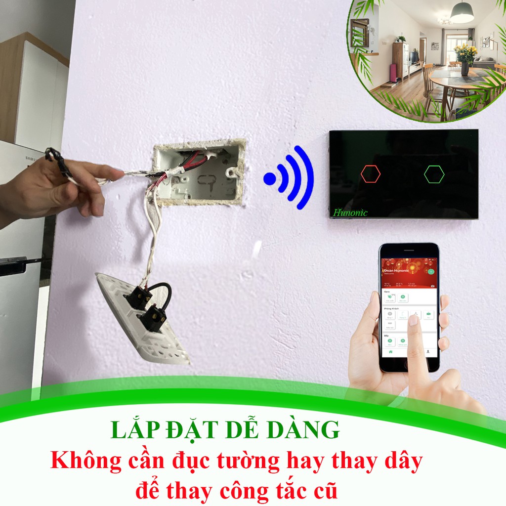 CÔNG TẮC CẢM ỨNG CHẠM THÔNG MINH HUNONIC 2 NÚT MÀU ĐEN│Công tắc thiết bị điện Wifi nhà thông minh hàng Việt Nam giá rẻ