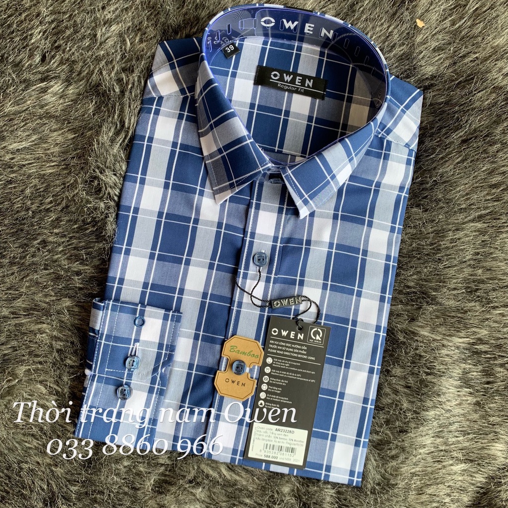 OWEN - Áo sơ mi dài tay Owen regular fit chất sợi tre kẻ ca rô xanh 23228