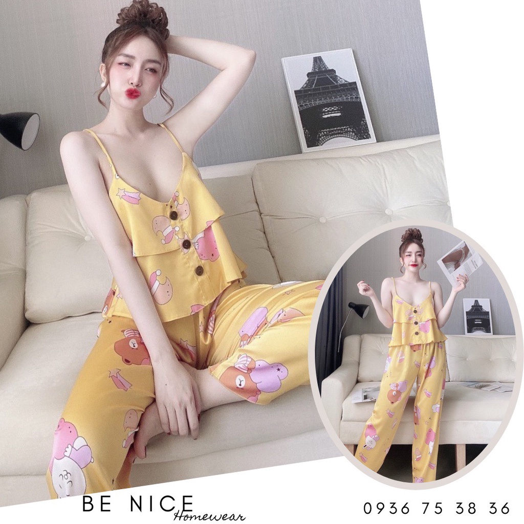 Set lụa dây dài tầng phối nút gỗ nhiều họa tiết mới lạ nhà Be Nice Homewear