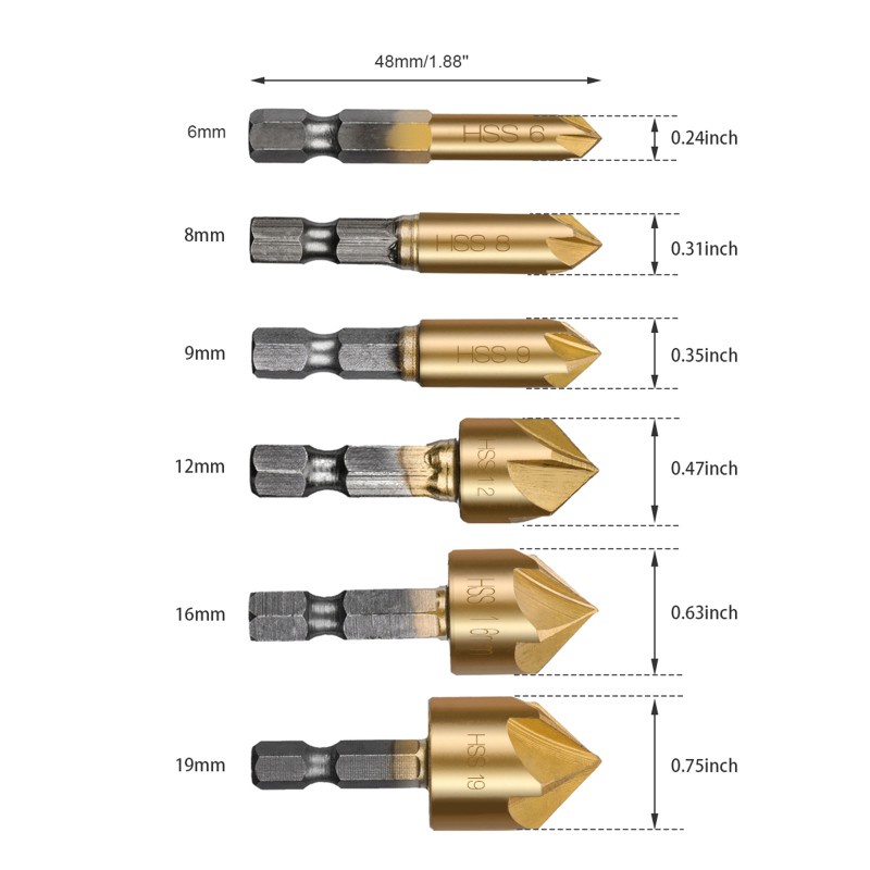 zong  6pcs 1/4" Hexagonal Shank Titanium Coated 5 Flutes HSS Countersink Chamfer Drill Bit with Center Hole Punch