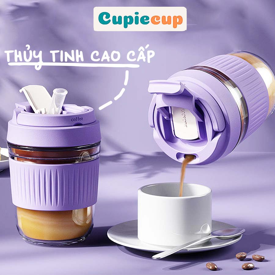 Bình Nước Thủy Tinh Bọc Silicone Kèm Ống Hút Nắp Bật Tiện Lợi Cho Bé, Người Lớn BTT007