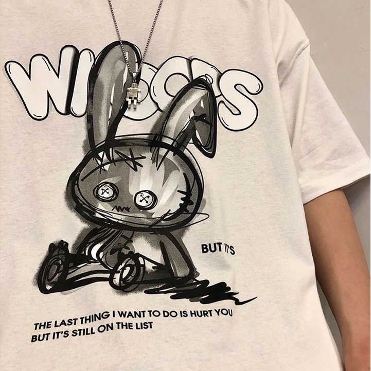 Áo Thun Tay Lỡ Hình Con Thỏ Ngỗ Nghĩnh , Phông Phom Thụng Phong Cách Unisex Dành Cho Nam Nữ