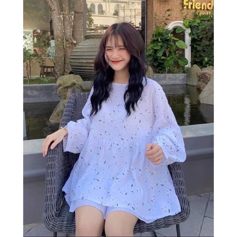 Áo Babydoll Hoa Nhí Tay Bồng Dài Nữ Sơ mi form rộng giấu quần màu trắng bánh bèo tiểu thư Ulzzang Vintage Hottrend