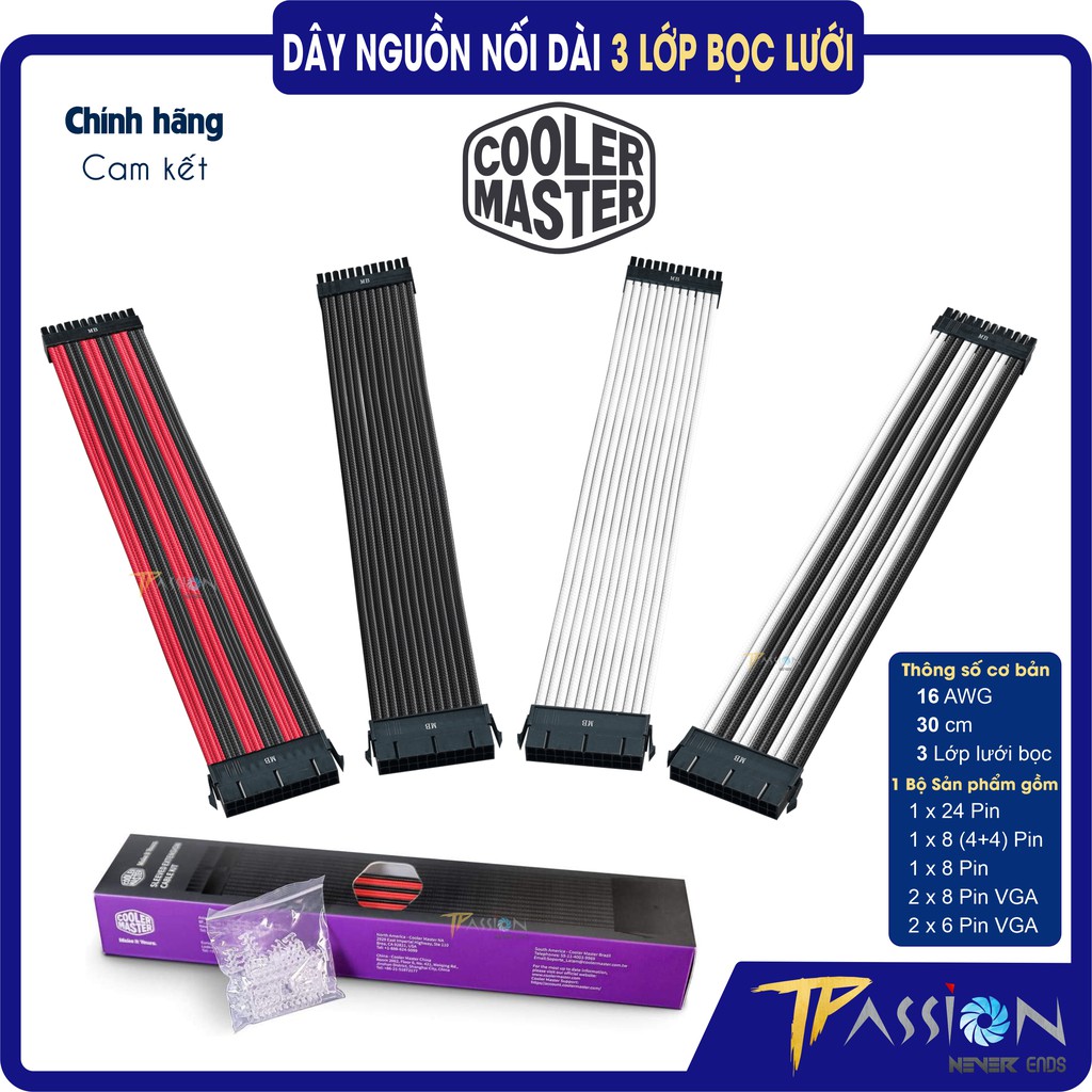 Bộ dây nguồn nối dài bọc lưới Cooler Master SLEEVED EXTENSION CABLE KIT 24 Pin Mainboard - 4/8 pin CPU - 6/8 pin VGA