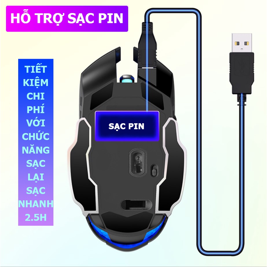 Chuột Không Dây Gaming Sạc Pin A4 Led RGB Click Không Gây Tiếng Ồn