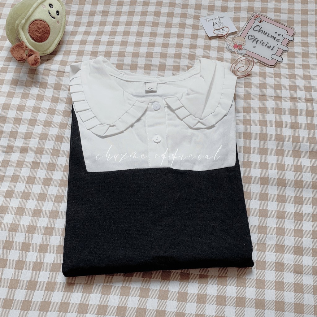 Đầm chữ A tay pha màu trắng - Váy Yếm Thiết Kế Tay Nơ Hàn Quốc