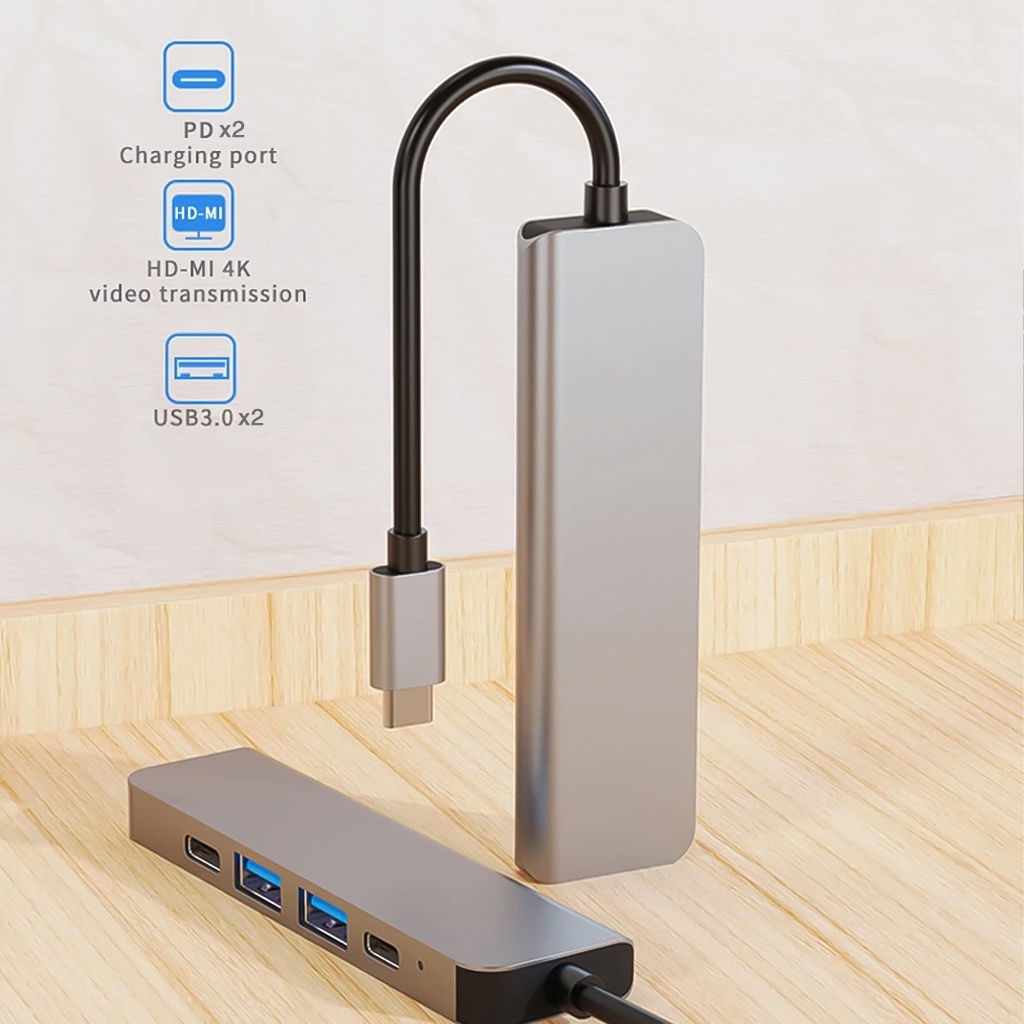 Bộ thiết bị Hub Cổng chia chuyển đổi đa năng USB Type-C 5 in 1 sang 5 Cổng HDMI 4K 60Hz/ USB 3.0/ Type-C/ PD -dc4825