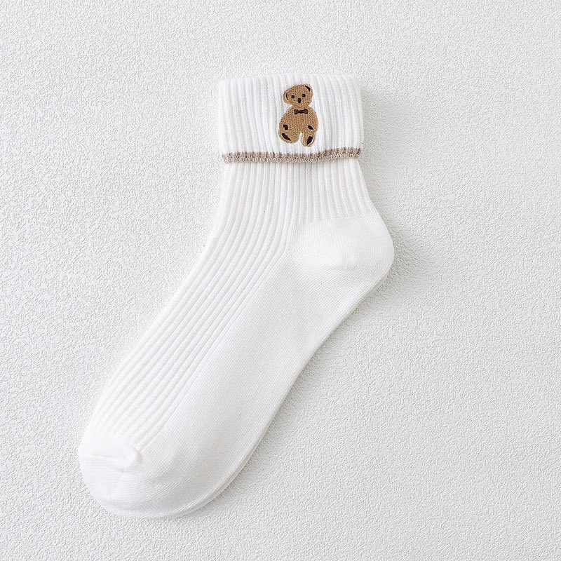 Một Đôi Tất Màu Trắng Gập Thêu Chú Gấu Vintage Siêu Xinh