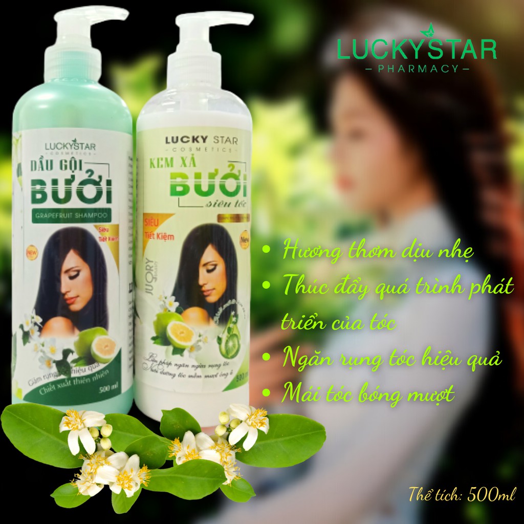 COMBO Dầu Gội + Kem Xả Tinh Dầu Bưởi Lucky Star 500ml x 2 chai