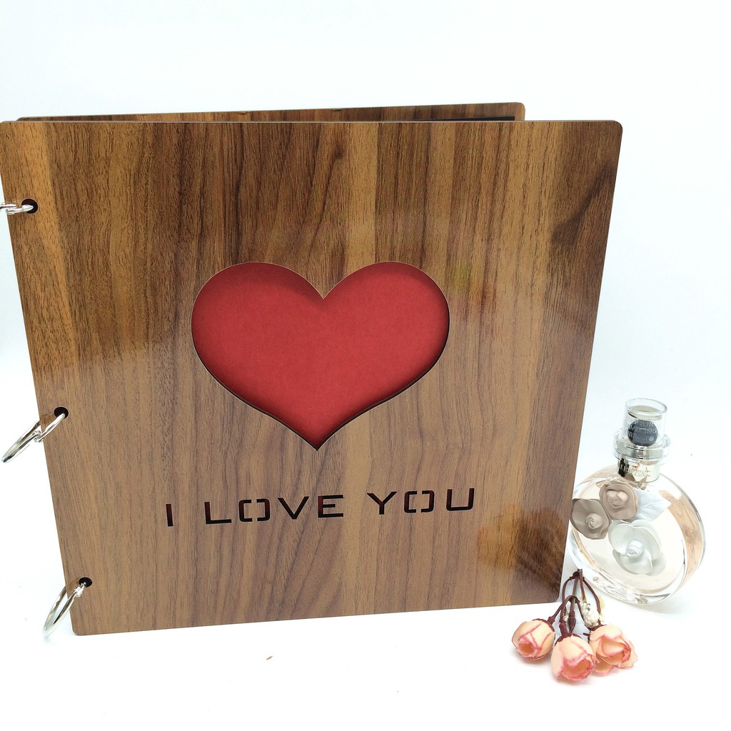 Album ảnh tự tạo DIY 29x29 cm bìa gỗ khắc chữ I LOVE YOU - Muasamhot1208