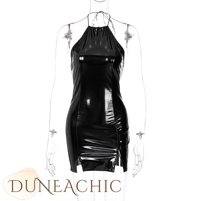 DUNEA Đầm dây da PU hở lưng xẻ tà quyến rũ dành cho nữ
