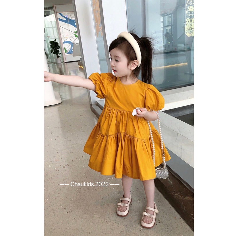 Váy thô tay bồng vàng-xanh bé gái