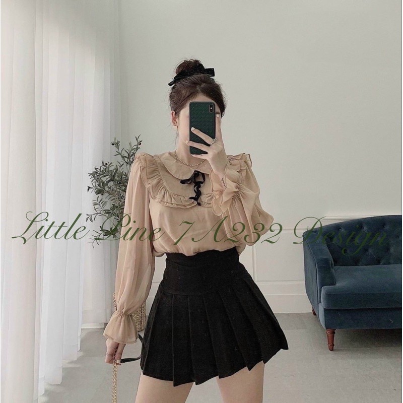 Áo sơmi cổ đính nơ đen bản nhỏ viền xếp li tay bồng dài chất tơ đẹp thoáng mát hot trend 2021