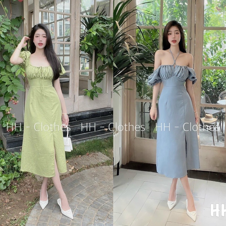 ĐẦM MIDI CHỮ A DÁNG DÀI XẺ TÀ TAY BỒNG NHẸ RÚT DÂY NGỰC
